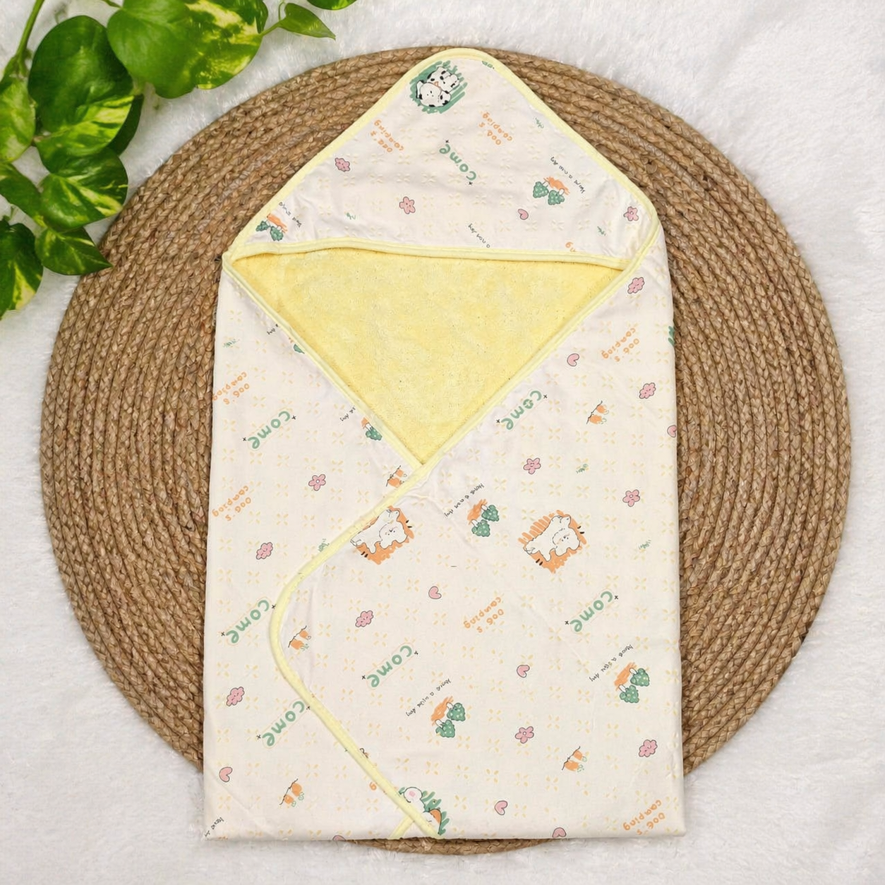 2-in-1 Baby Hooded Towel Soft Terry Cotton Cute Print Bath Wrap code:NBE YELLOW FLORAL-Knitted Cotton
